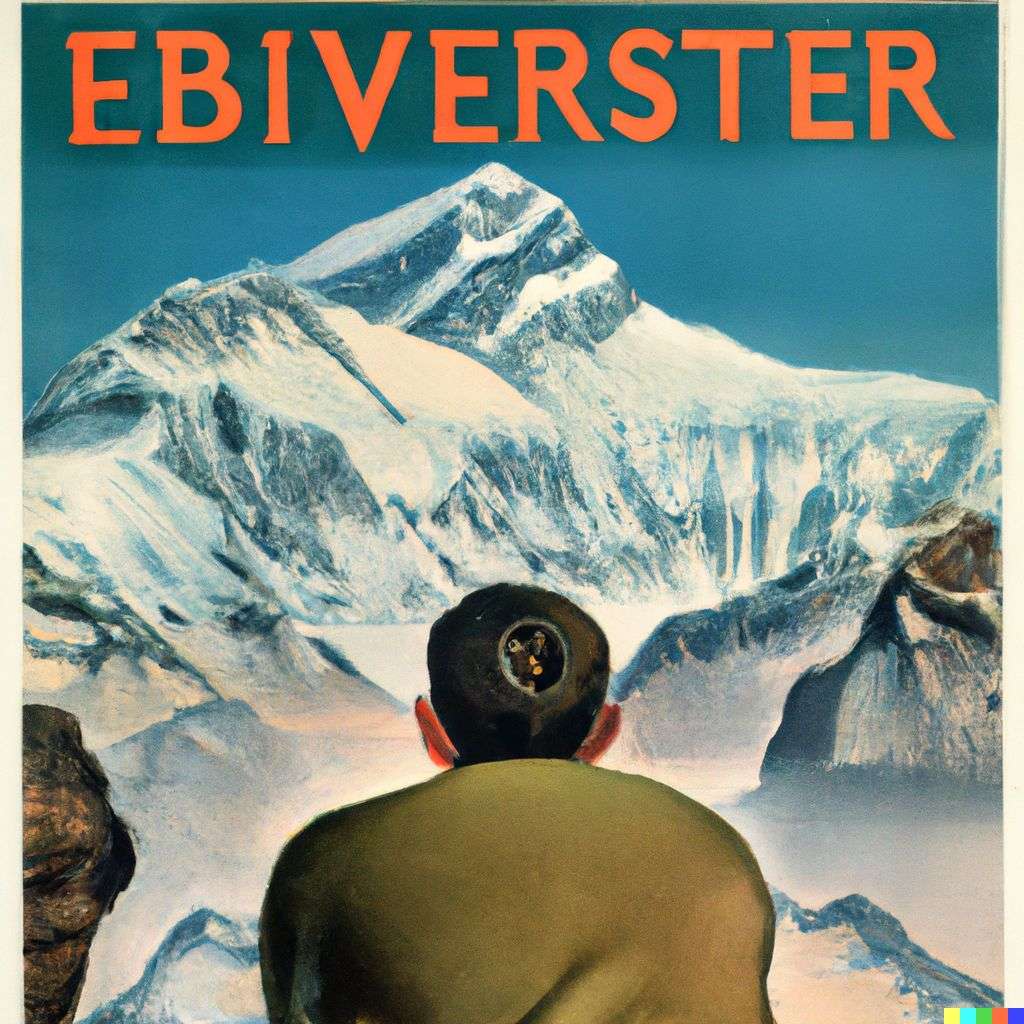 someone gazing at Mount Everest, advertisement from the '60s